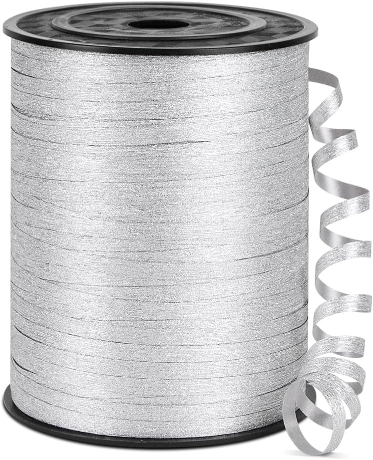 Isaspire 500 Yards Shiny Glitter Curling Ribbon with Spool, 1/5" Curly Ribbons - Perfect for Gift Wrapping, Florist Flowers, Birthday Party Decorations, and Balloon String Ribbon in Silver - Image 1